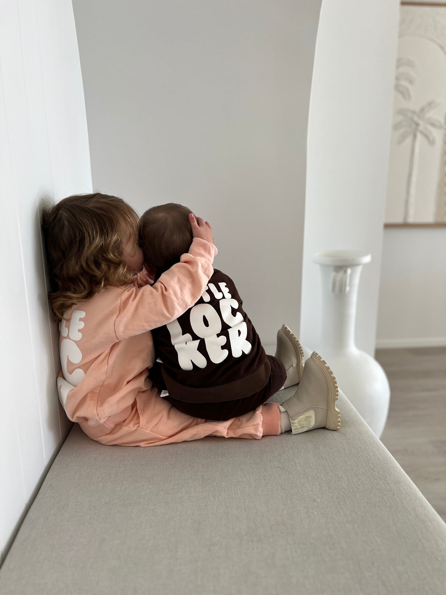Neutral latte puff print track set for babies, toddler and kids. Made from soft cotton with relaxed fit and puff print logo