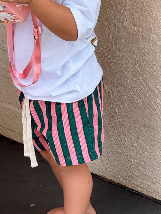 Green and Pink bright striped corduroy 'Zinger' shorts by Little Locker with elastic waistband and drawstring.