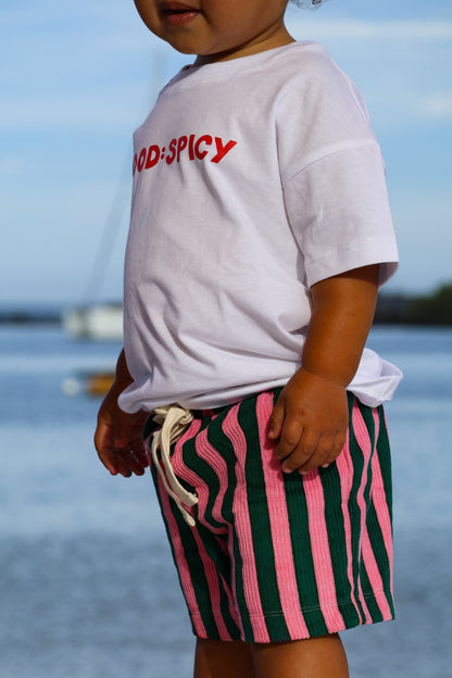 Green and Pink bright striped kids corduroy 'Zinger' shorts by Little Locker.