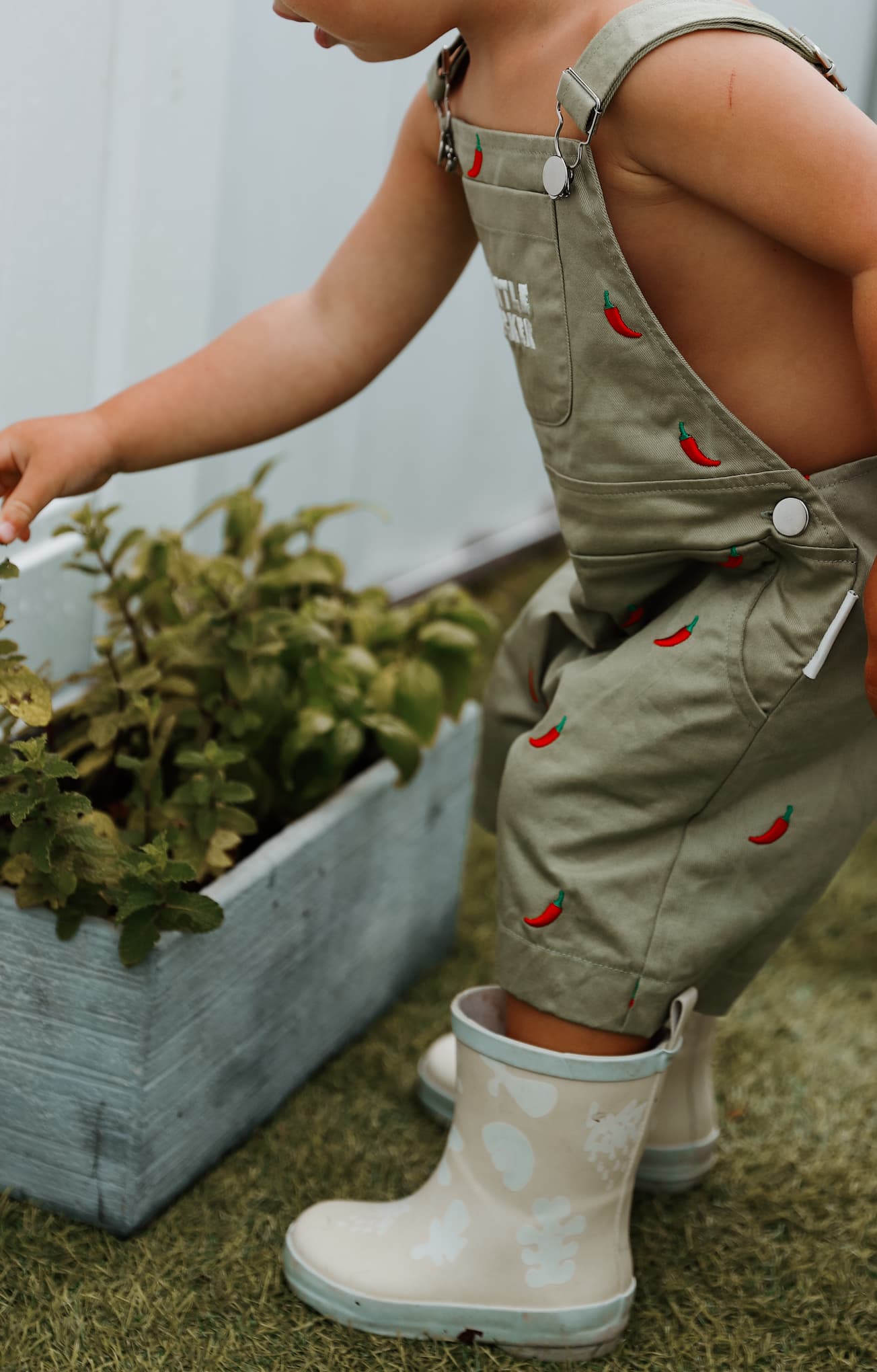 Sage green 100%b cotton overalls for boys with red chili pepper pattern.