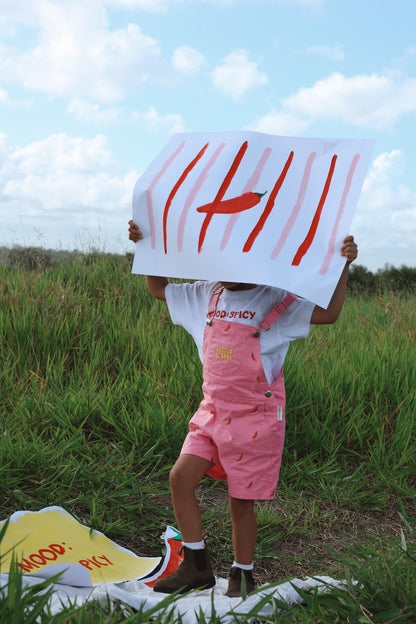 Girls summer pink overalls with chilli embroidery for toddlers and kids.
