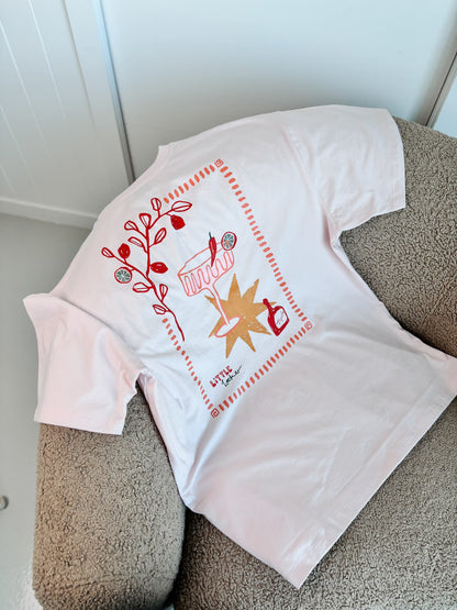 Close-up of the 'MOOD: SPICY MARGS' t-shirt graphic, showcasing the original artwork by Australian artist Camellia Pickle.