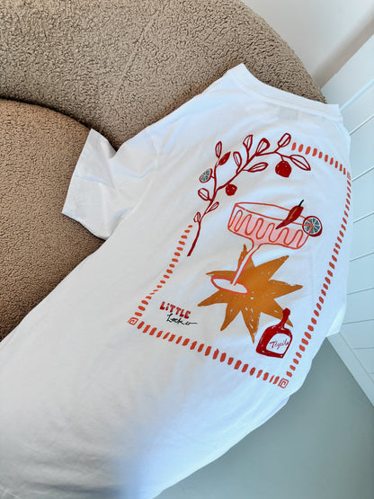 Close-up of the 'MOOD: SPICY MARGS' t-shirt graphic, showcasing the original artwork by Australian artist Camellia Pickle.