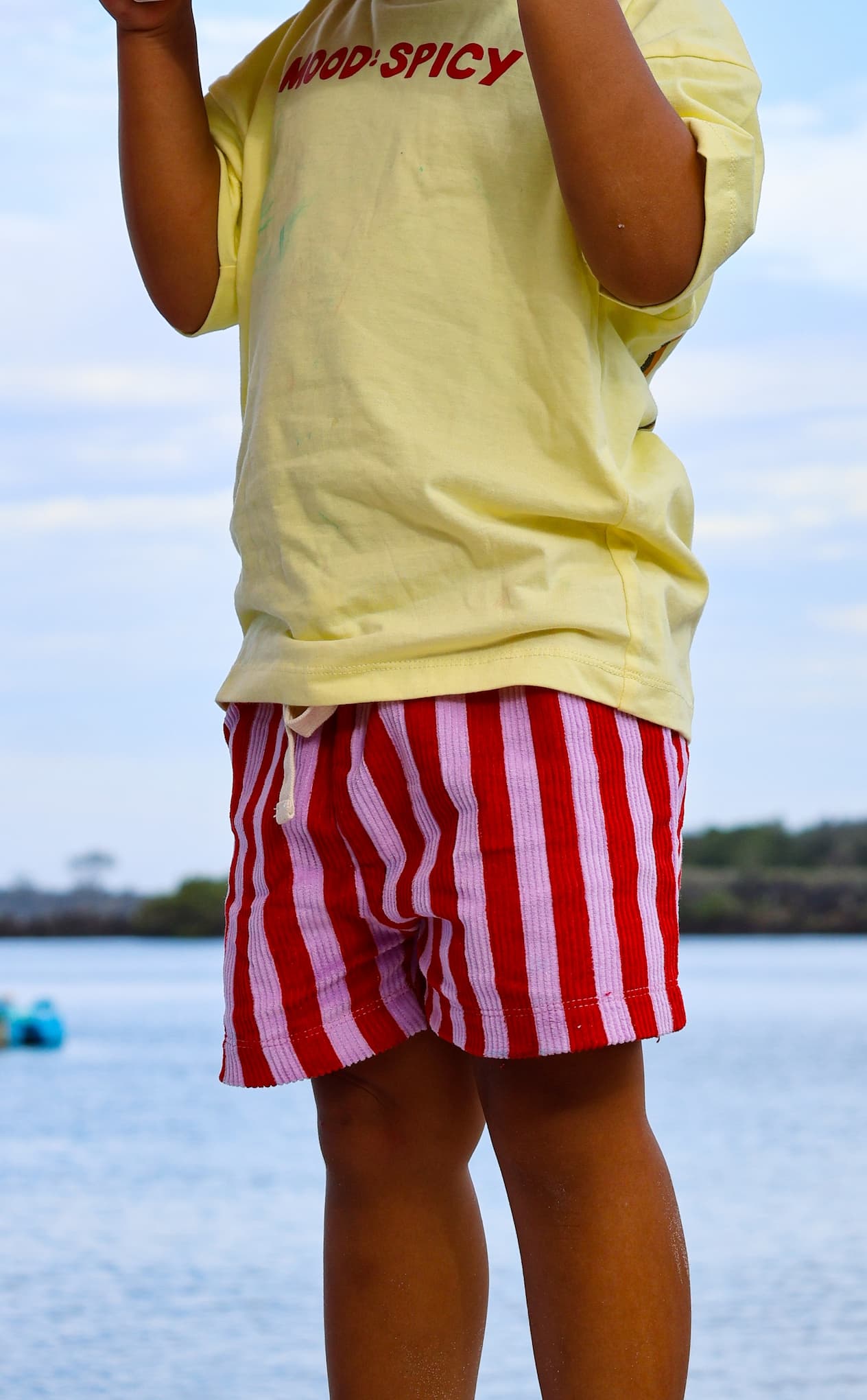 Child wearing a 'Mood Spicy' shirt and red and purple striped corduroy 'Zinger' shorts.