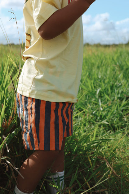 A boy wearing Little Locker's Zinger shorts, in Navy/Orange. Featuring striped corduroy and an elastic waistband and drawstring.